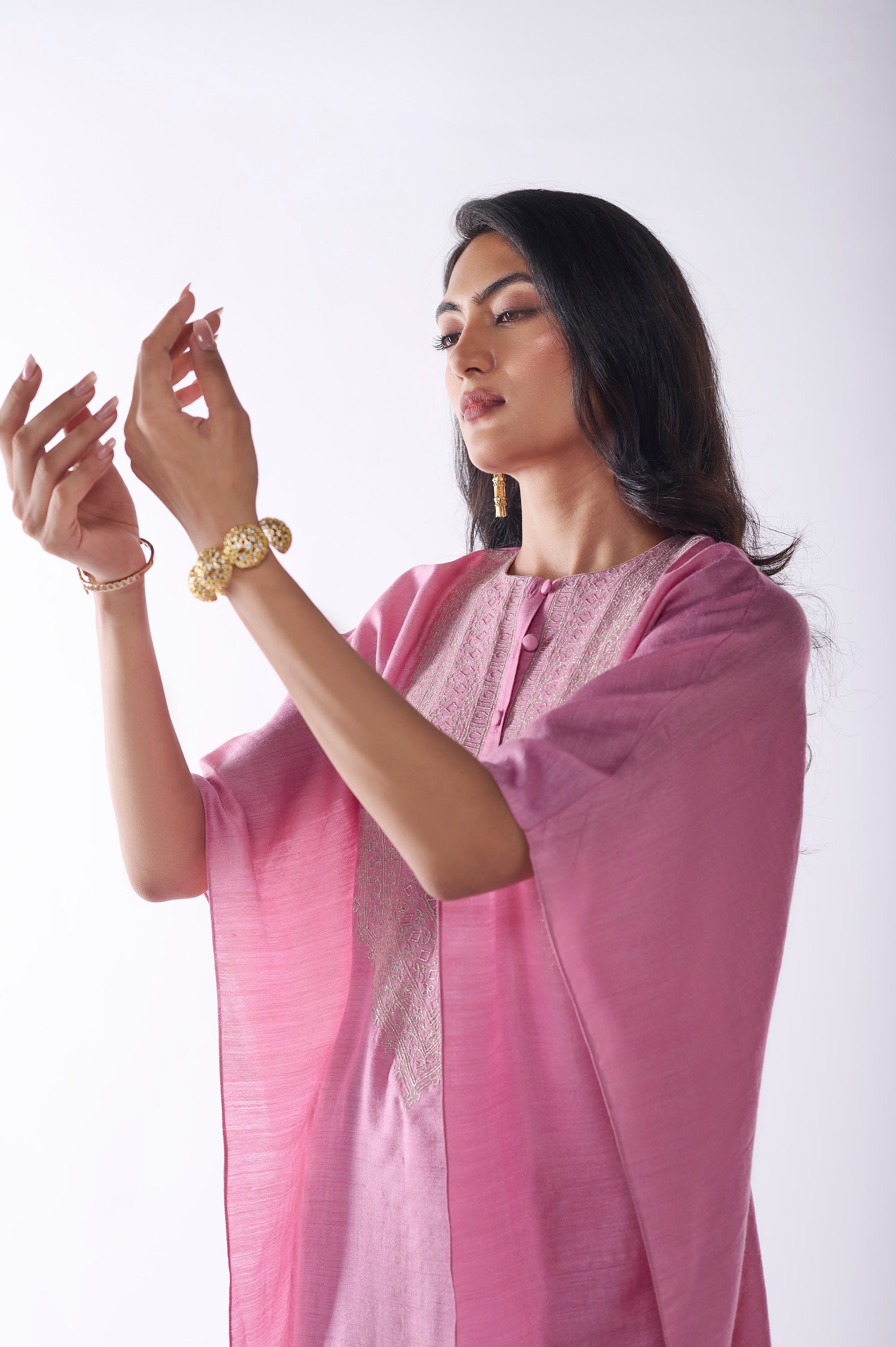 PINK MUGA SILK KAFTAN SET
