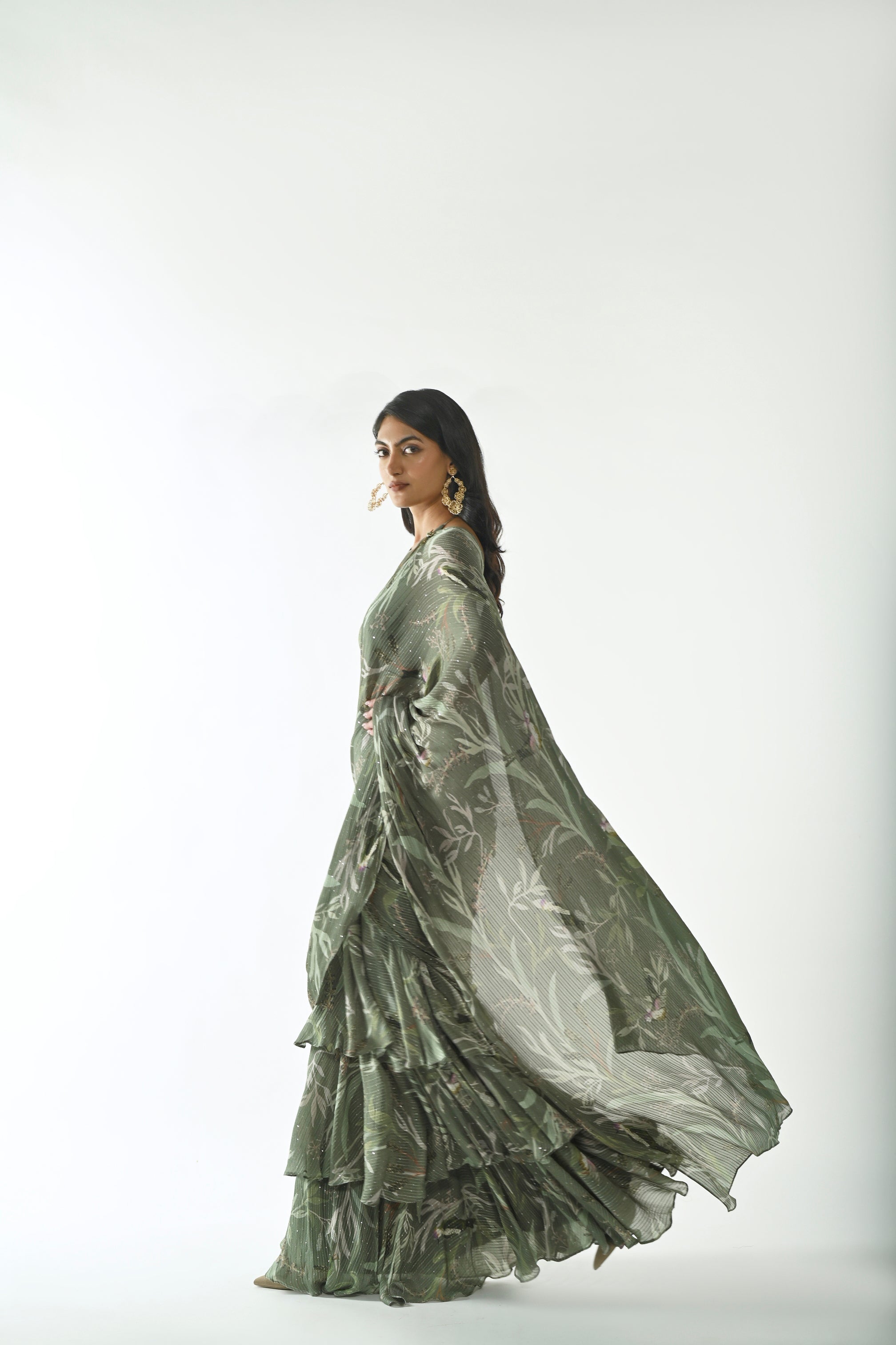 GREEN SPARROWS RUFFLE SAREE