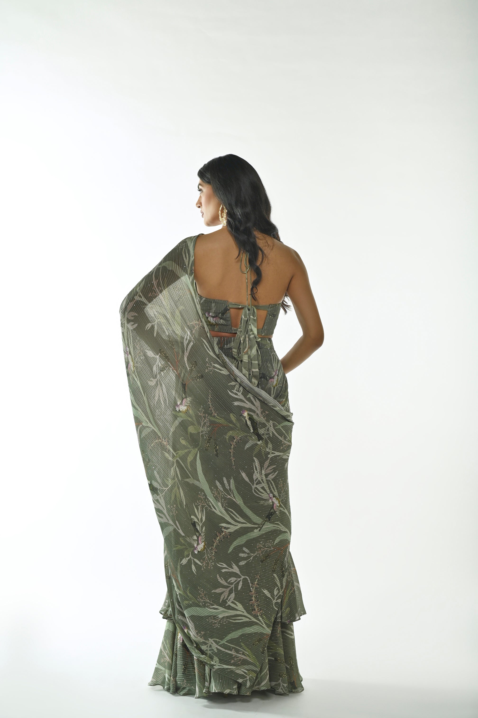 GREEN SPARROWS RUFFLE SAREE