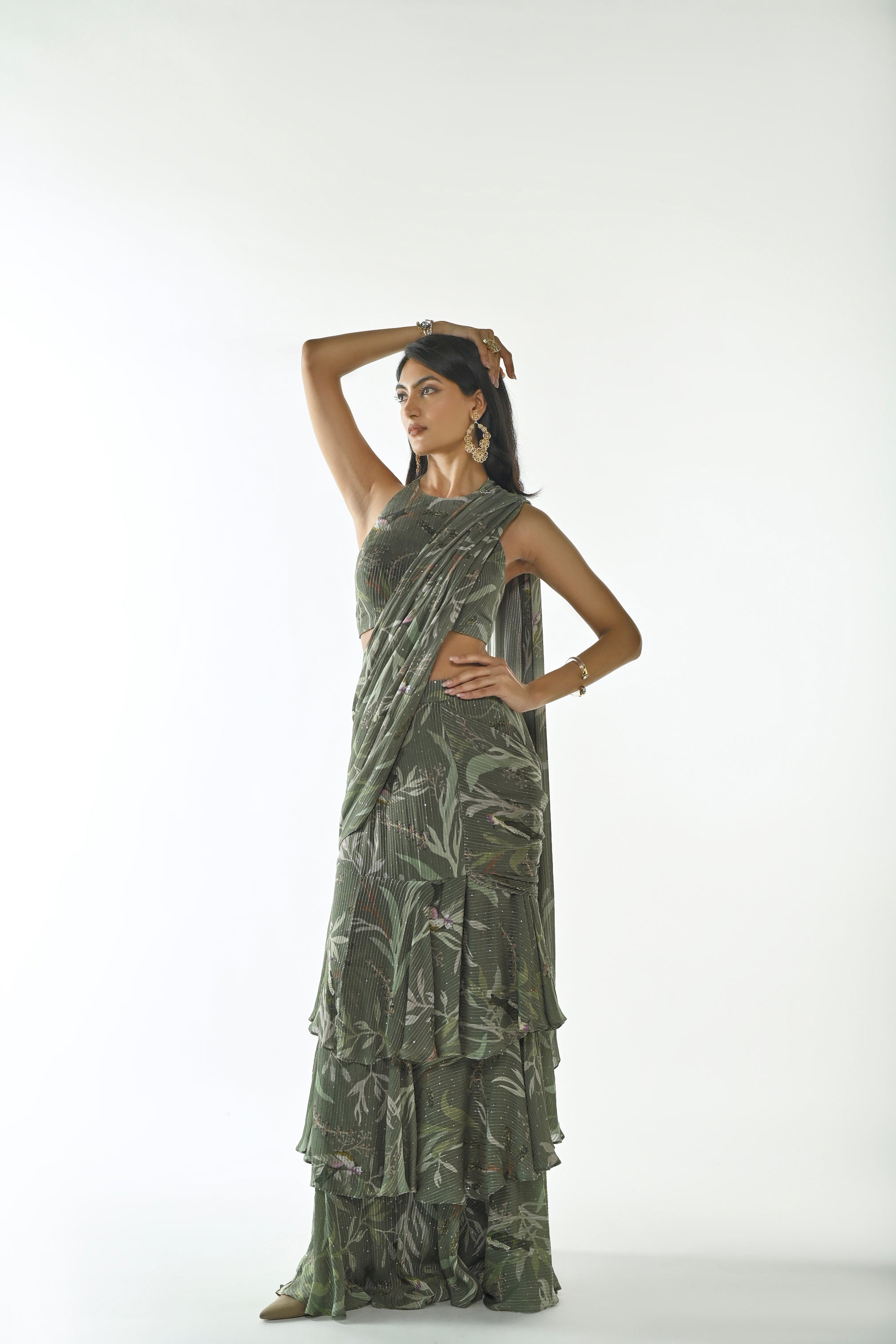 GREEN SPARROWS RUFFLE SAREE