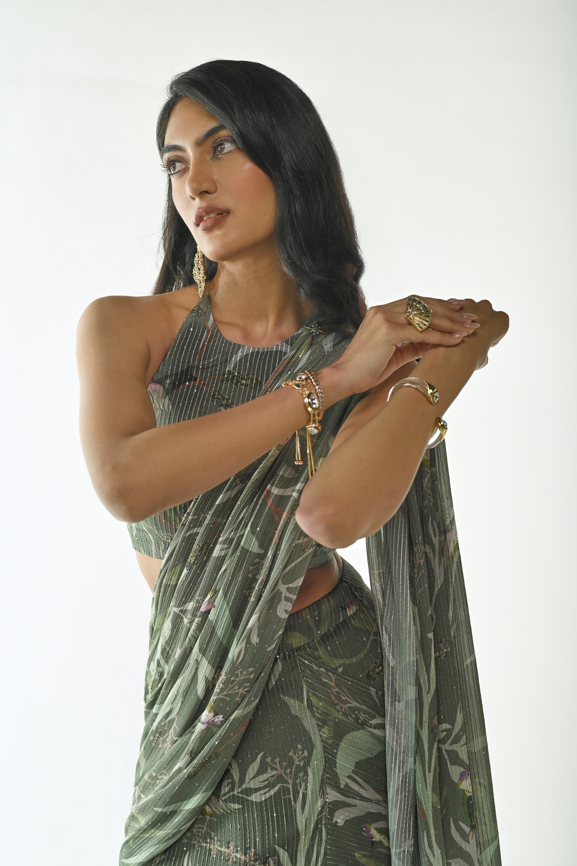 GREEN SPARROWS RUFFLE SAREE