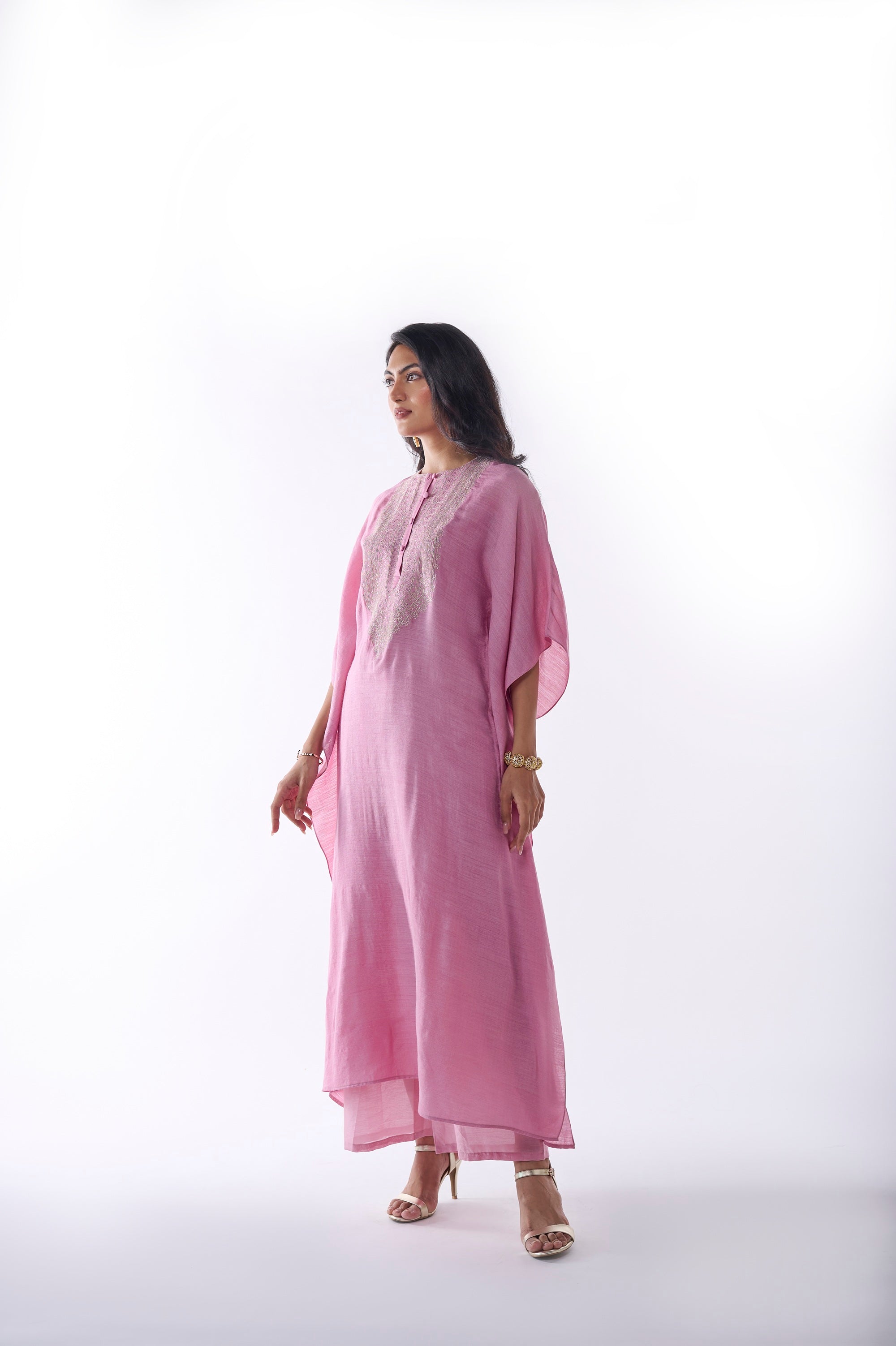 PINK MUGA SILK KAFTAN SET