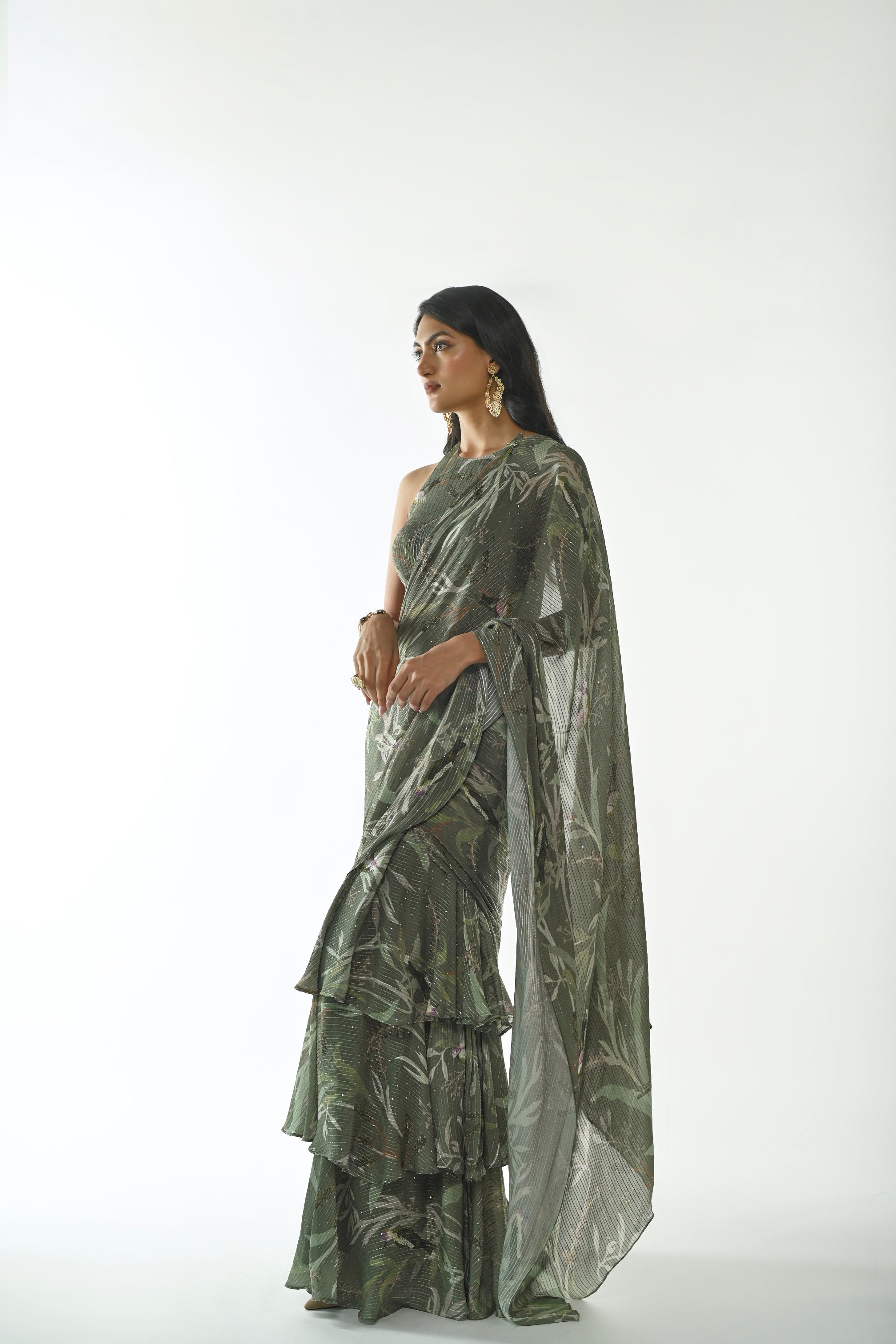 GREEN SPARROWS RUFFLE SAREE