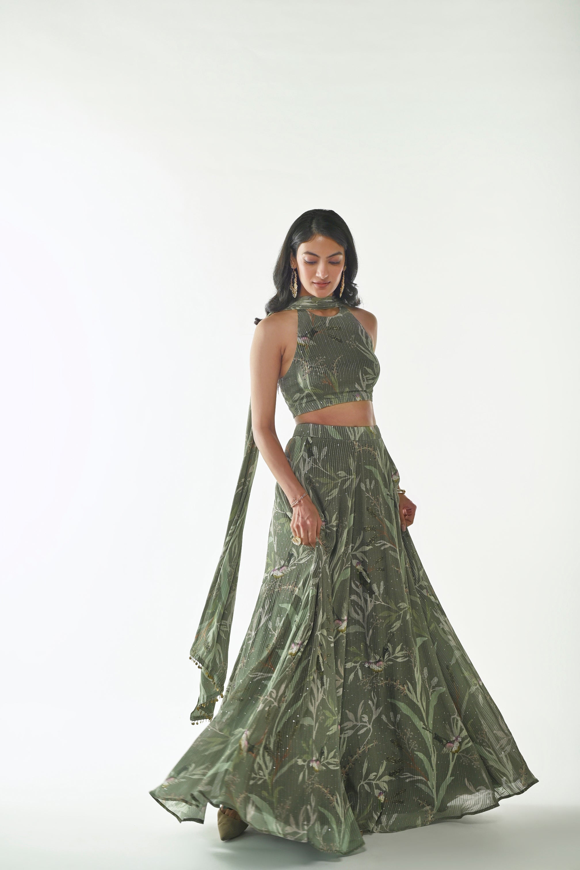 GREEN SPARROWS HALTER LEHENGA