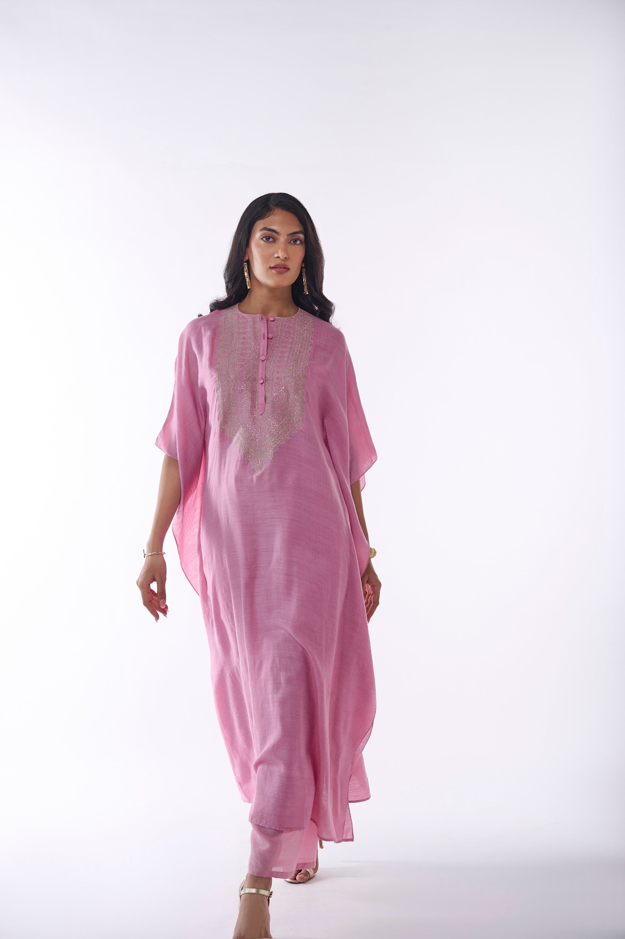 PINK MUGA SILK KAFTAN SET